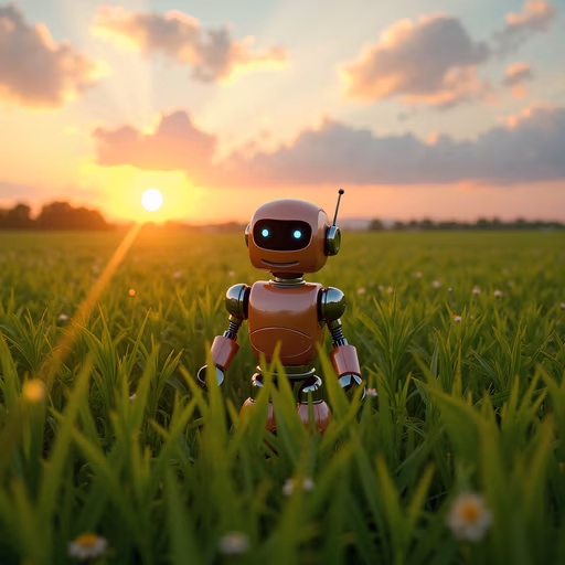 Robot in a Field at Sunset