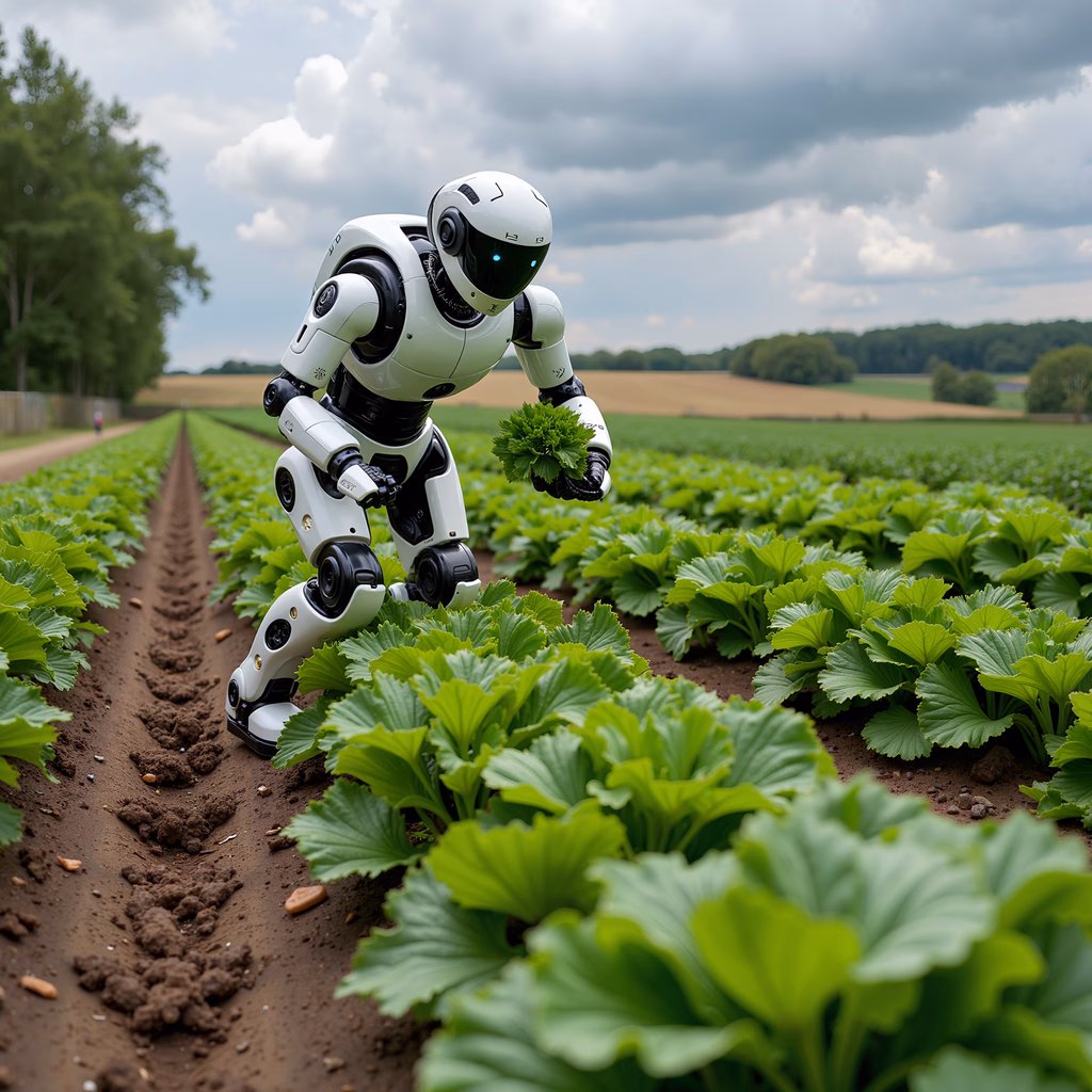Humanoid robot tending to crops in a serene rural landscape.