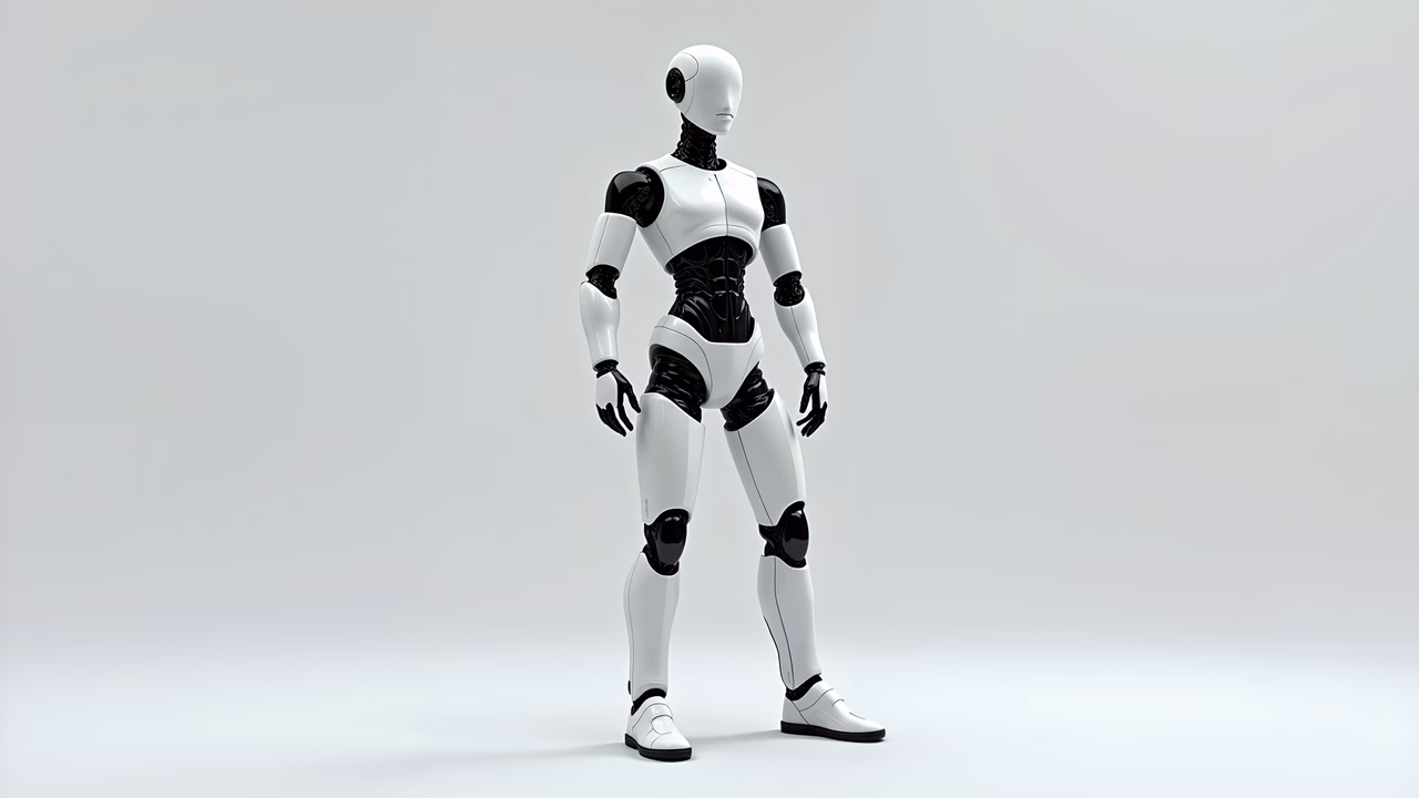 Minimalist robotic mannequin with stark white and black accents, set against a neutral background.