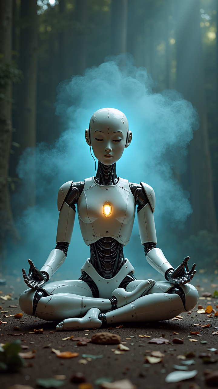 A robotic figure meditates in a tranquil forest setting, blending technology with nature.