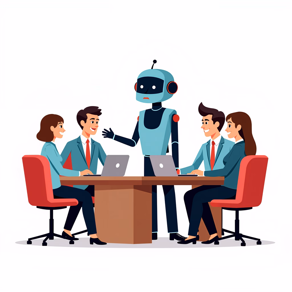 A robot joins a business meeting, fostering innovation and collaboration.