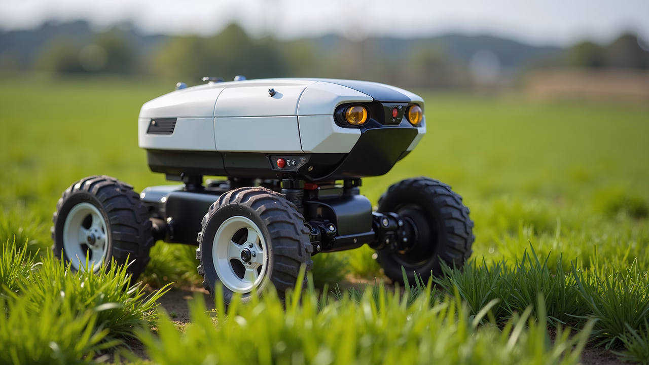 Modern robot in a lush green field, blending technology with nature.