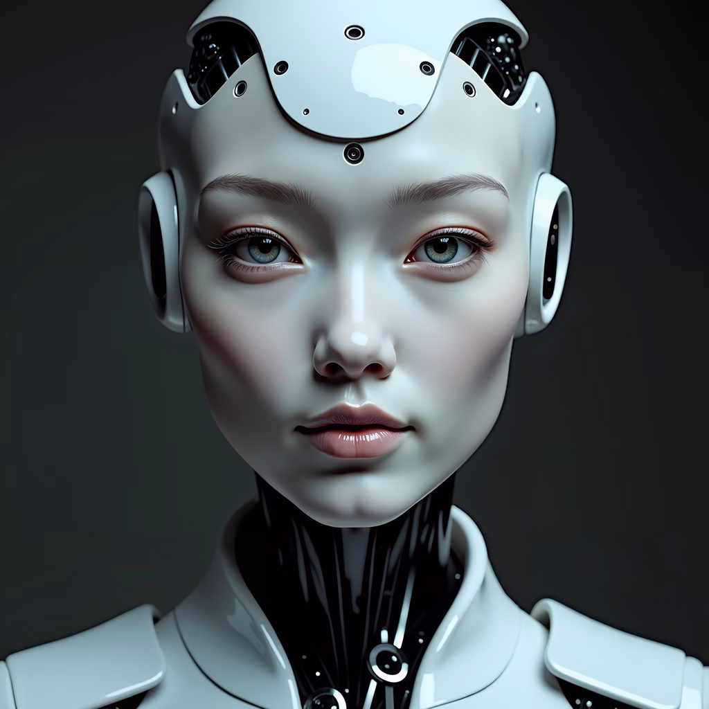 A detailed portrait of a humanoid robot with a futuristic design against a dark background.