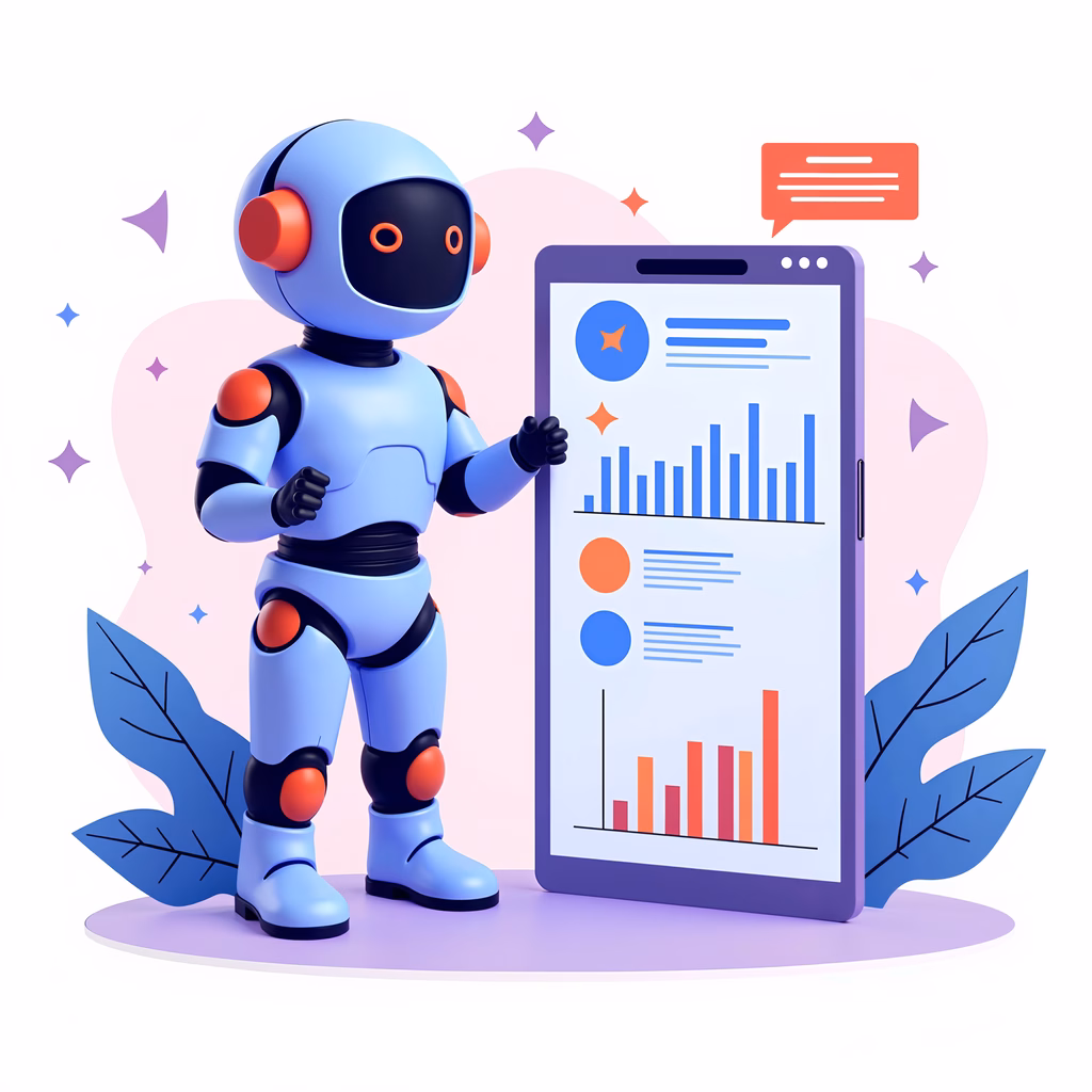 Robot presenting data on a smartphone with colorful bar graphs.
