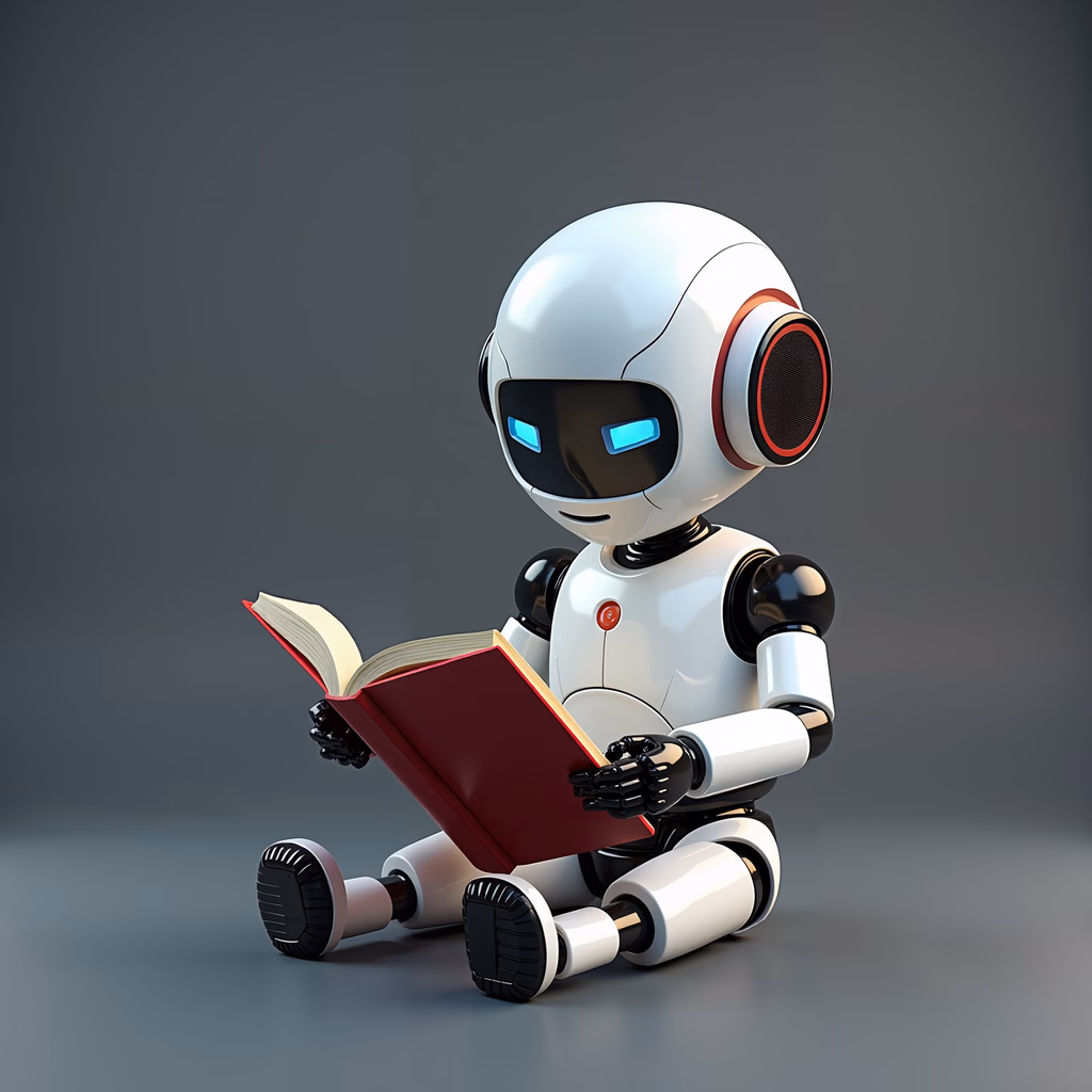 Cute robot reading a book, futuristic and serene