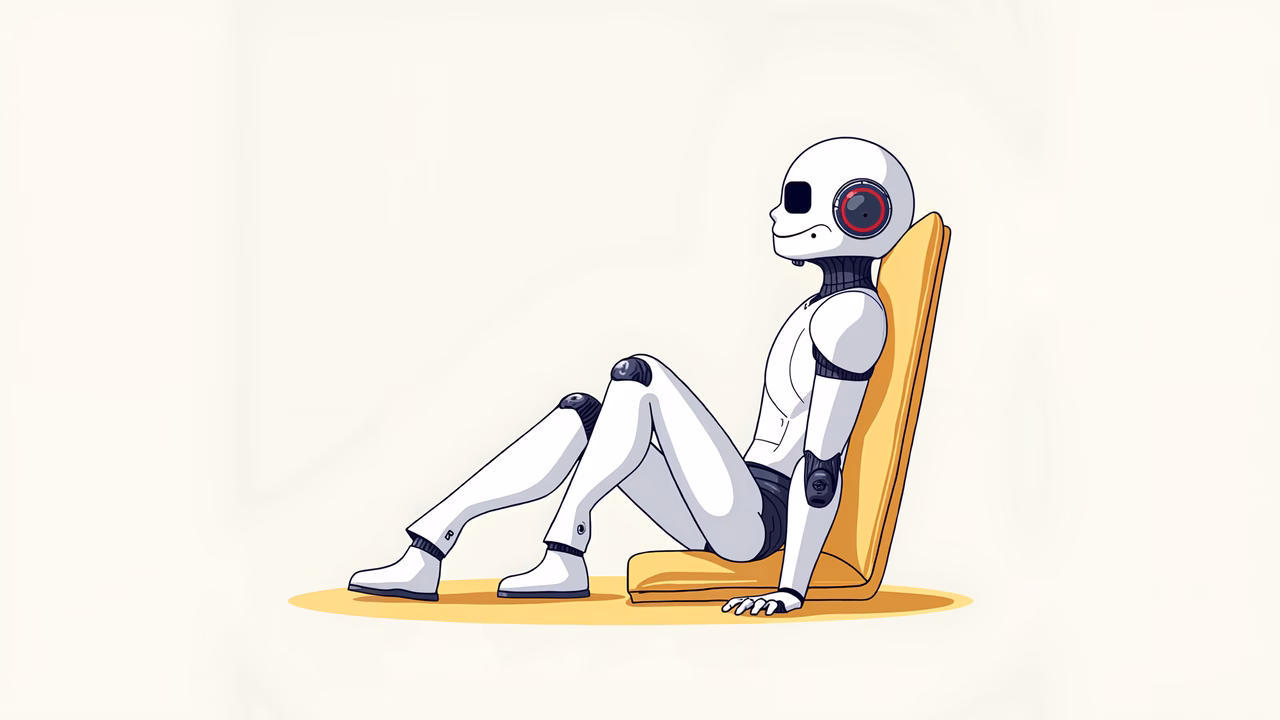 A futuristic robot relaxing in a minimalist setting.