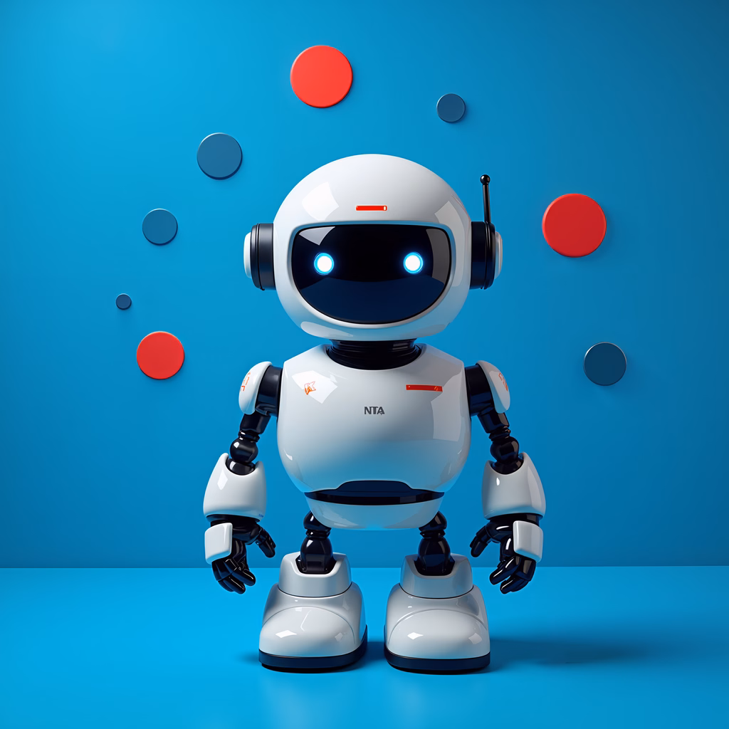 A charming robot toy with glowing eyes against a colorful backdrop.