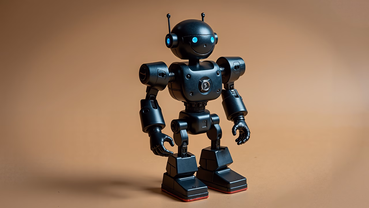 A cute robot toy with a friendly smile and glowing blue eyes against a warm beige background.