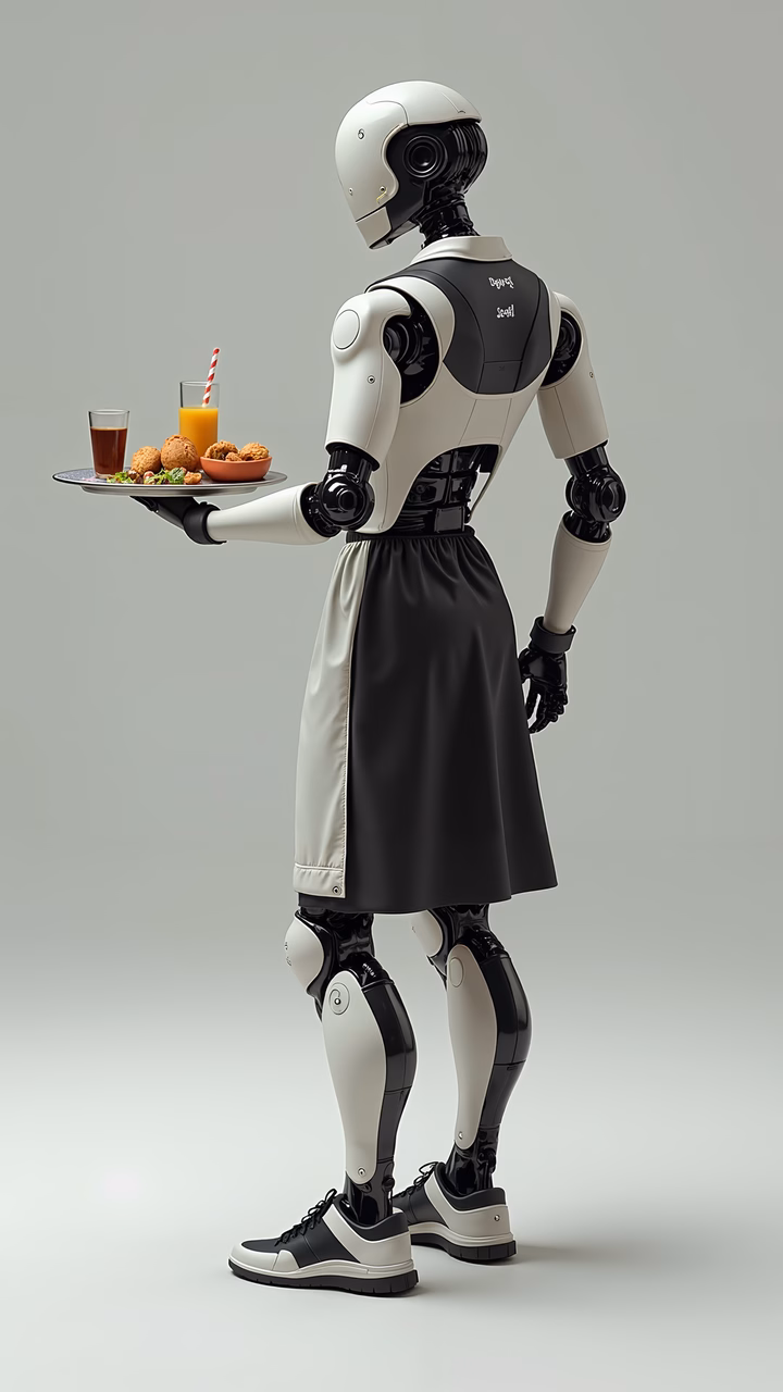 A robot waitress serving a tray of food and drinks in a futuristic setting.