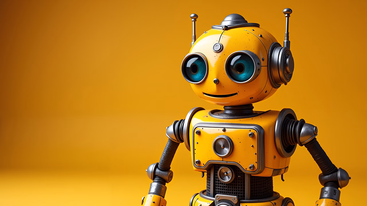 A cute, yellow robot with big eyes and metallic details against a warm yellow backdrop.