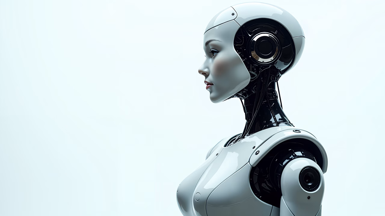 A sleek, futuristic robot woman with metallic surfaces against a minimalist background.