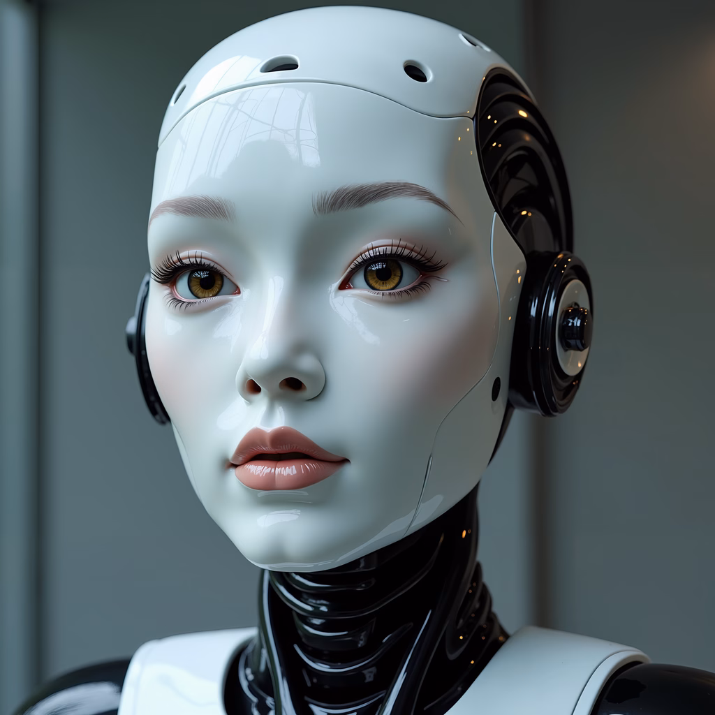 A futuristic robot with expressive eyes and sleek design.