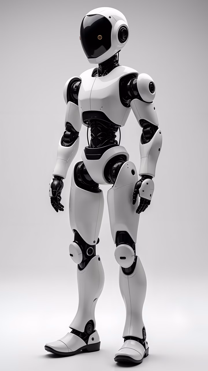 Friendly humanoid robot with sleek design and futuristic appeal.
