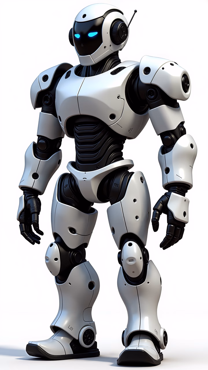 A futuristic humanoid robot with sleek white and black design, glowing blue eyes, and advanced AI capabilities.