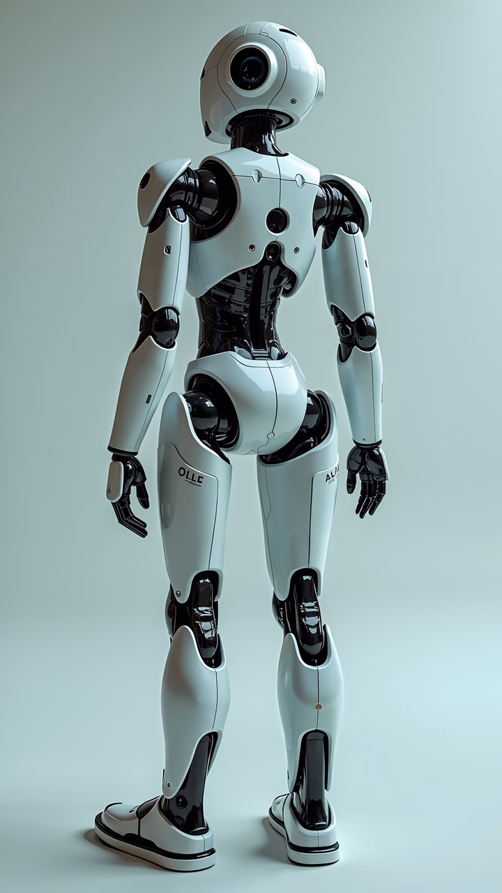 A futuristic humanoid robot with a minimalist design and sleek white and black accents.