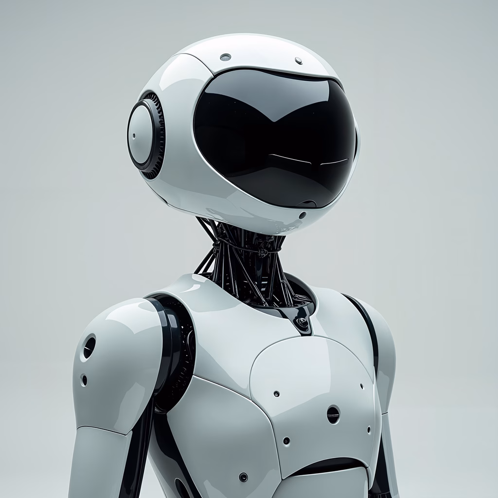 A sleek, futuristic robot with a glossy white and black finish, embodying advanced technology and sophistication.