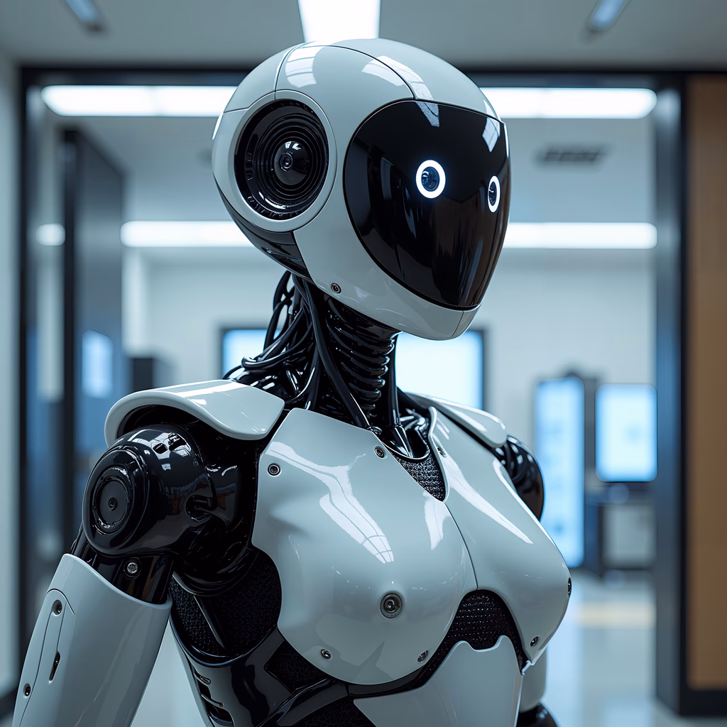 A futuristic robotic companion in a high-tech setting.