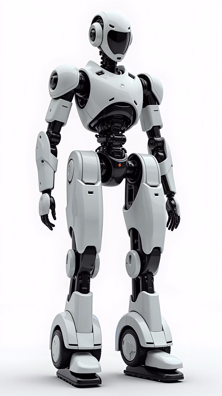 Sleek, futuristic humanoid robot companion in a clean, modern design.