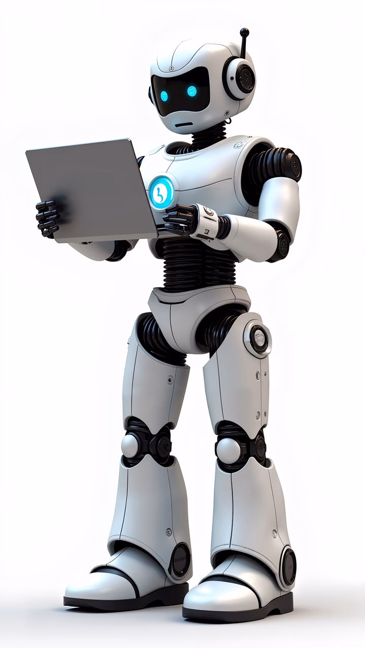 Friendly robotic companion with laptop, futuristic design, advanced technology.