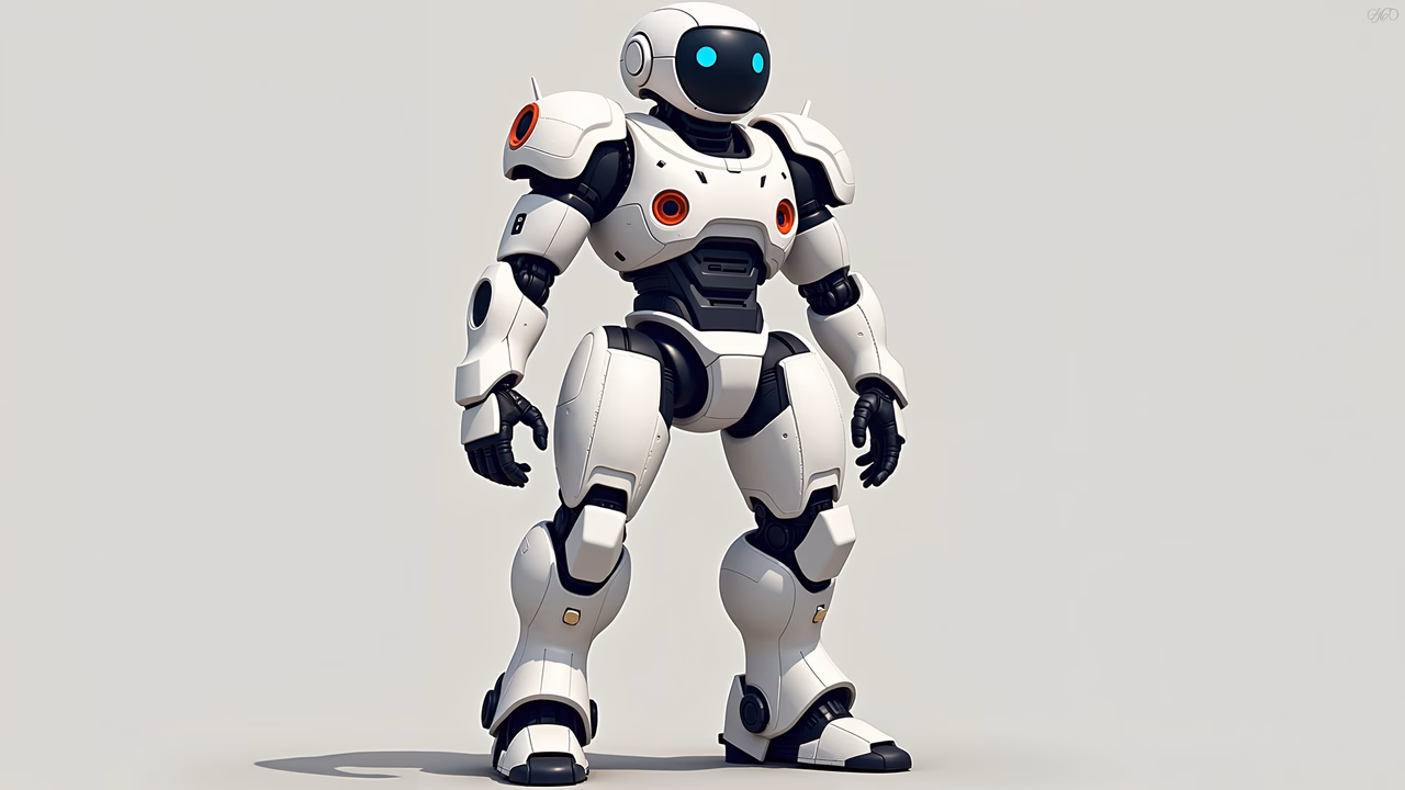 A futuristic humanoid robot with glowing eyes standing against a stark white background.