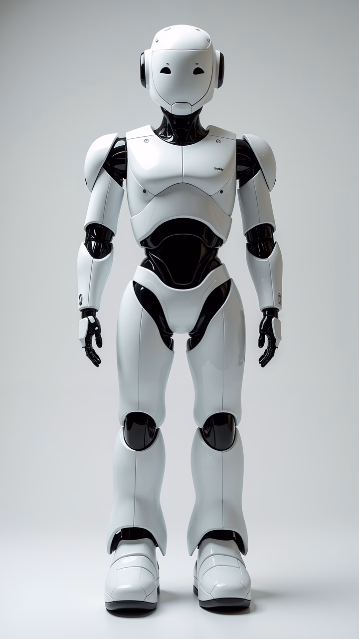Sleek robotic companion with a minimalist design and glossy surfaces.