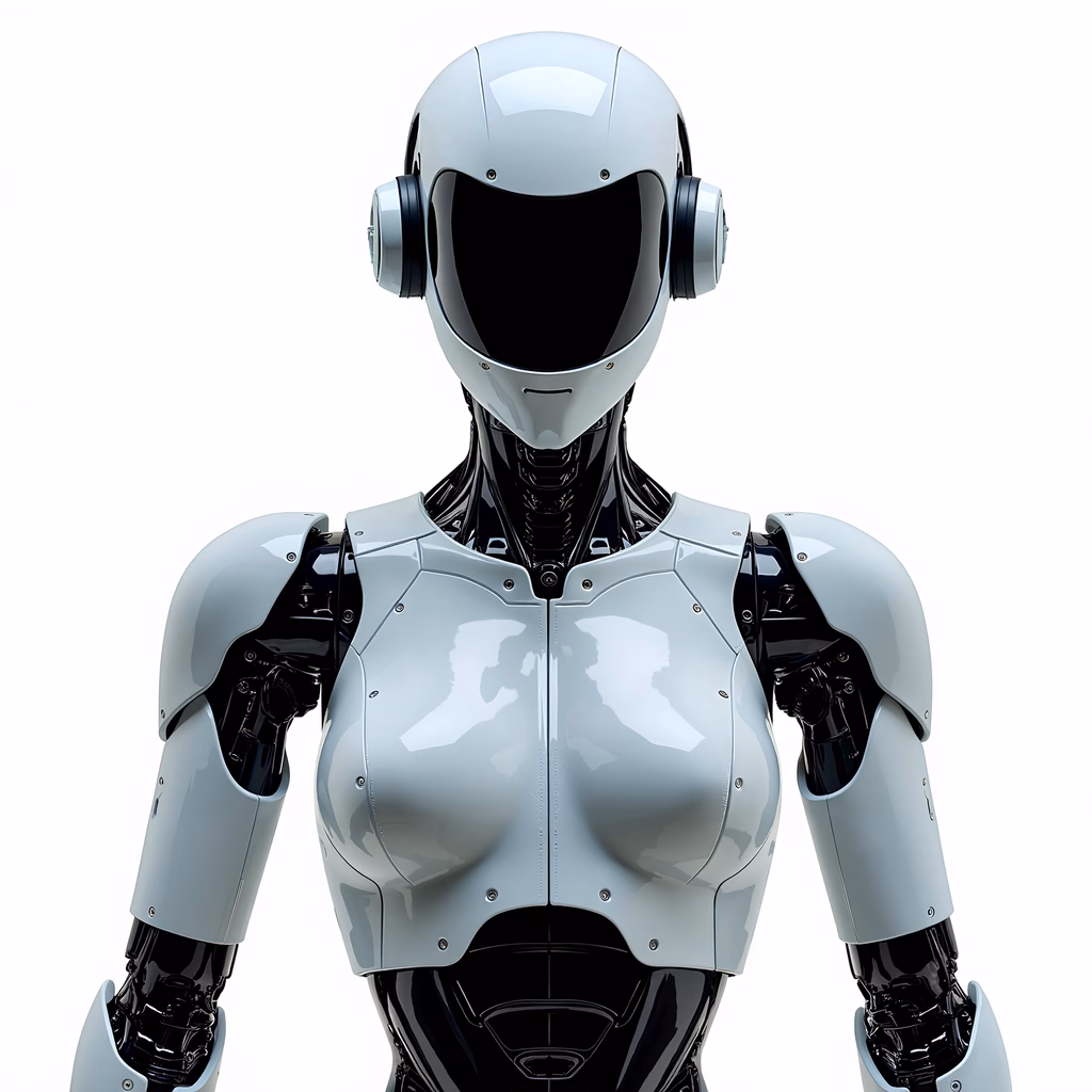 Futuristic female robot in sleek metallic armor, high-tech sophistication.