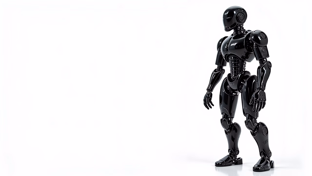 Sleek black robotic figure against a white backdrop, symbolizing advanced technology and sophistication.