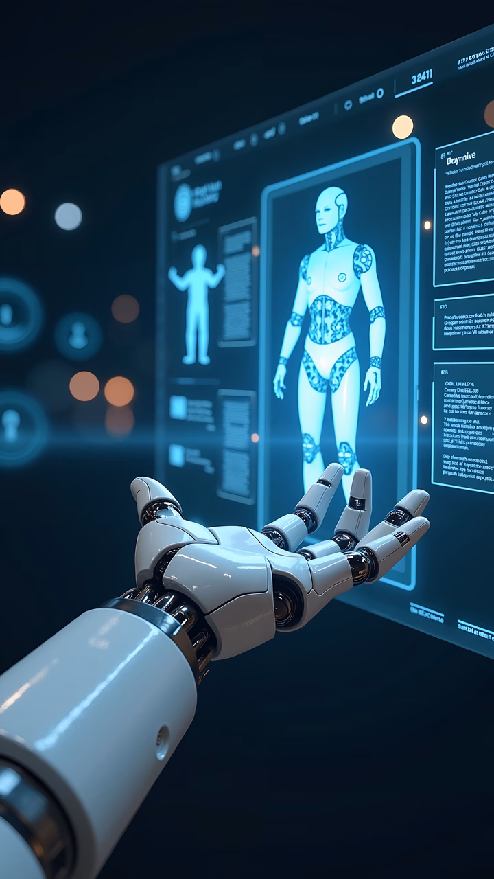 Robotic hand interacting with a futuristic digital interface, symbolizing advanced technology and innovation.