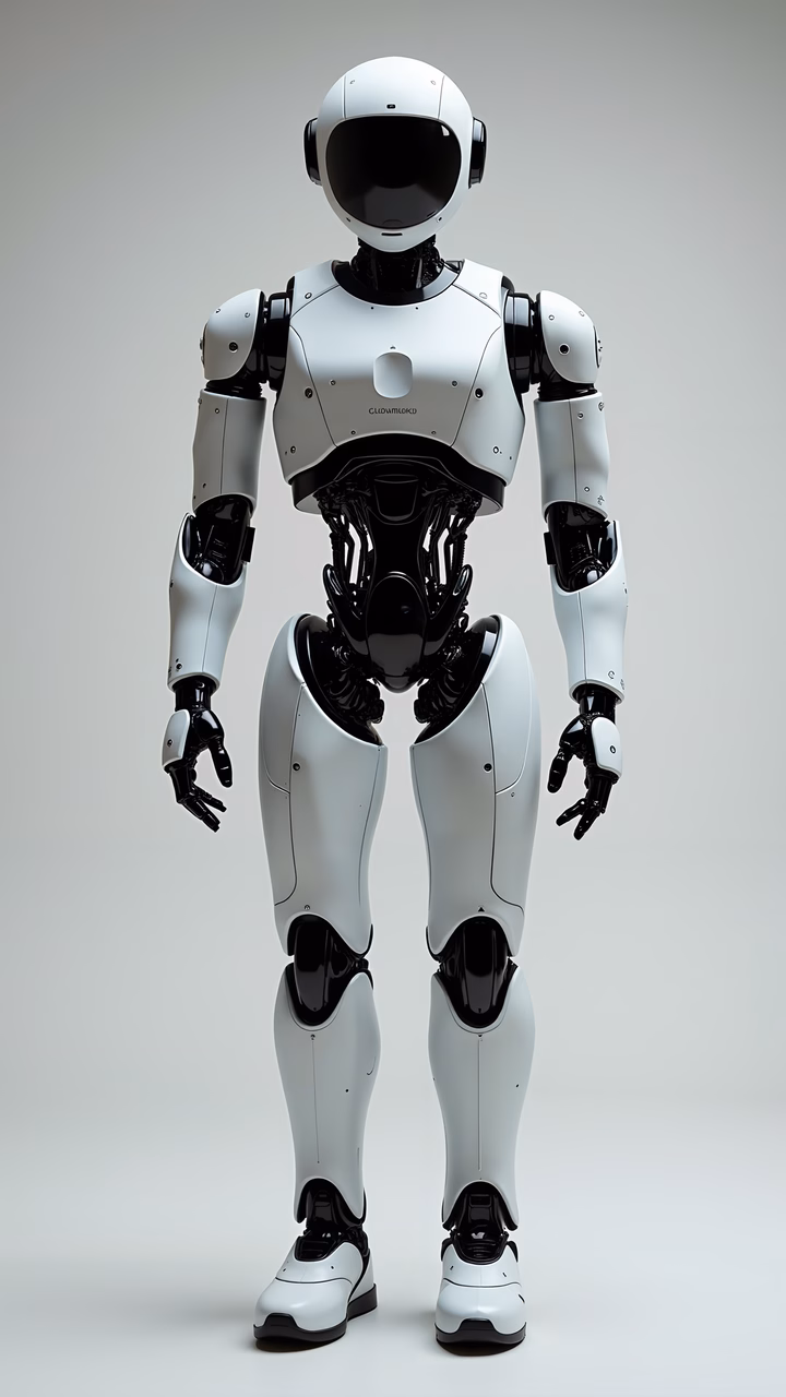 Minimalist robotic humanoid with sleek design and futuristic helmet.