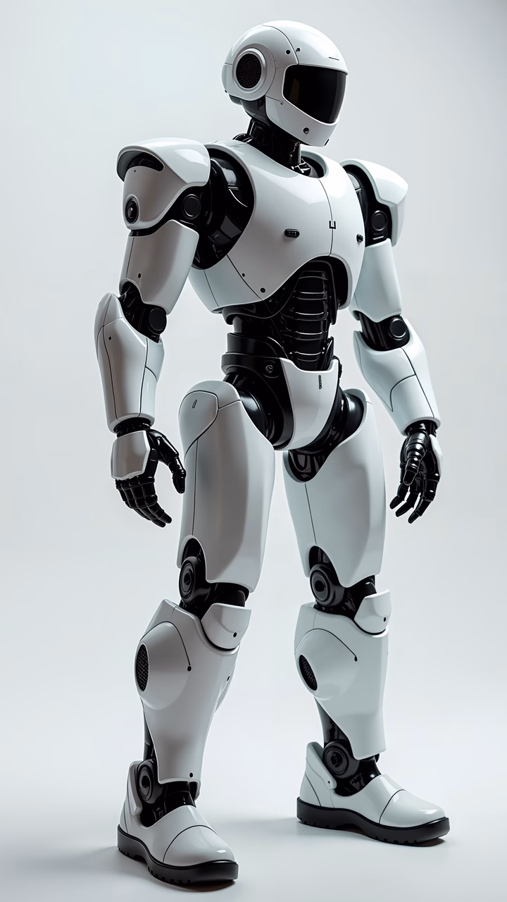 A sleek, futuristic robotic soldier standing against a minimalist background.