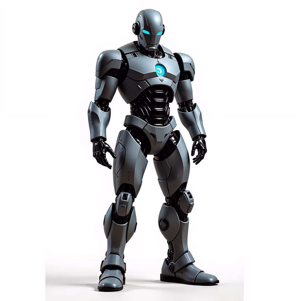 Detailed robotic soldier illustration with futuristic design and glowing eyes.