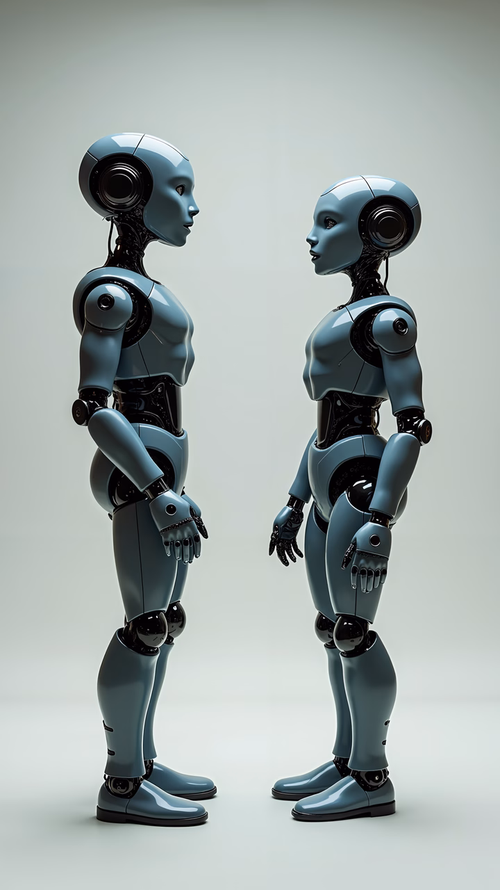Two identical robotic twins stand side by side in a minimalist setting, showcasing advanced technology and futuristic design.