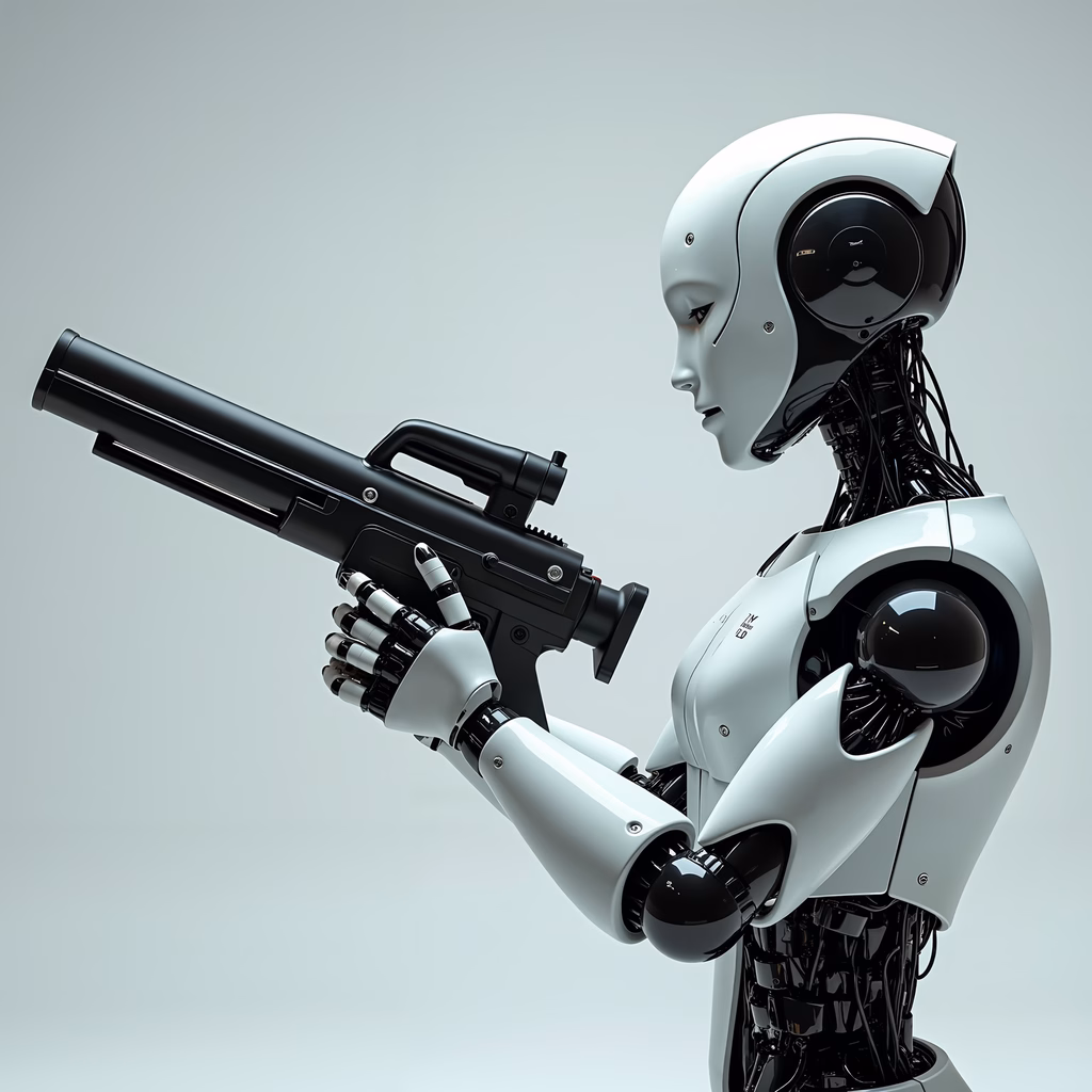 A robotic warrior ready for battle, combining advanced technology with a minimalist design.