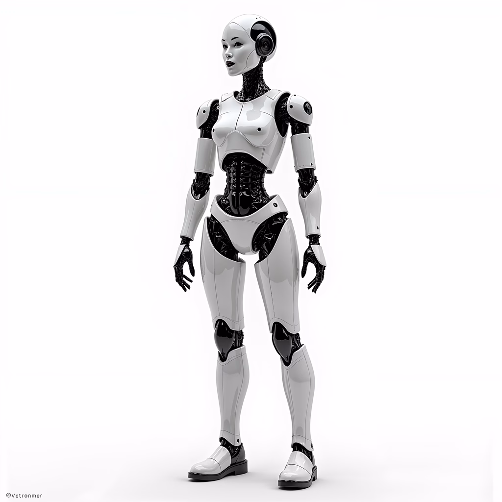 Sleek robotic woman with futuristic design in a clean, modern setting.