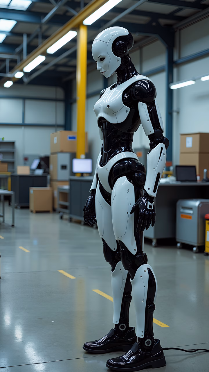 Sleek robotic woman in a modern industrial warehouse setting.