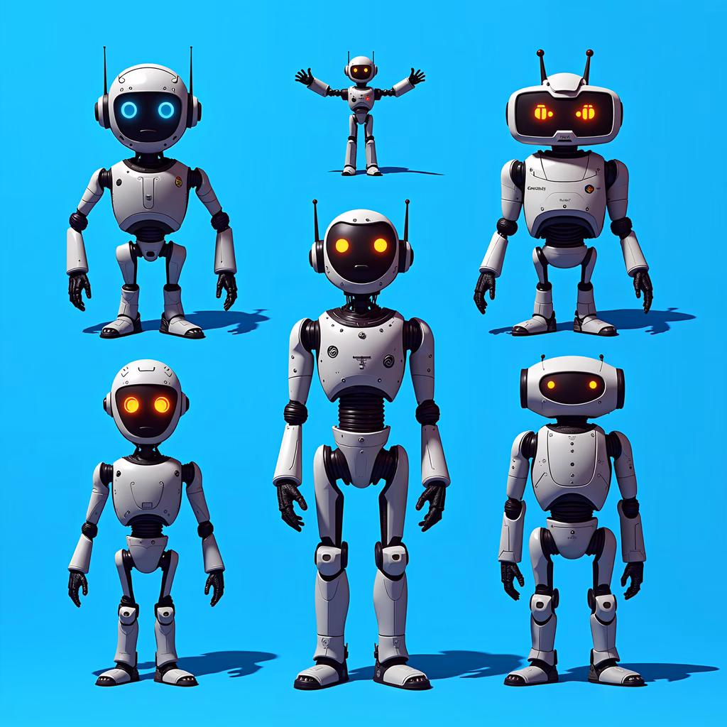 A collection of futuristic robots with varied expressions and glowing eyes on a bright blue background.
