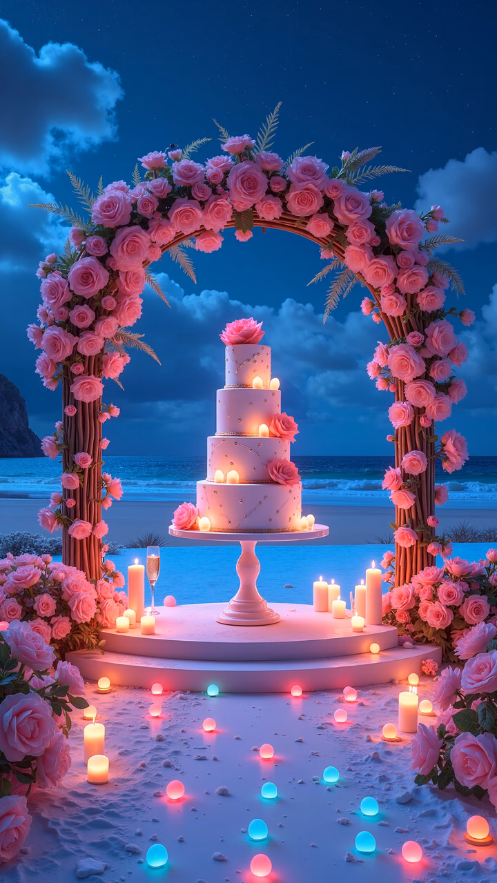 Romantic beach wedding cake under a starlit sky, adorned with pink roses and glowing spheres.
