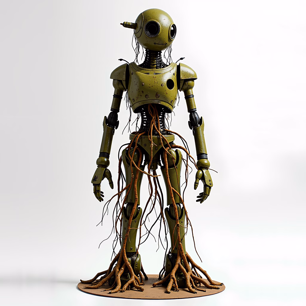 A steampunk-inspired robot with root-like appendages, blending technology and nature.