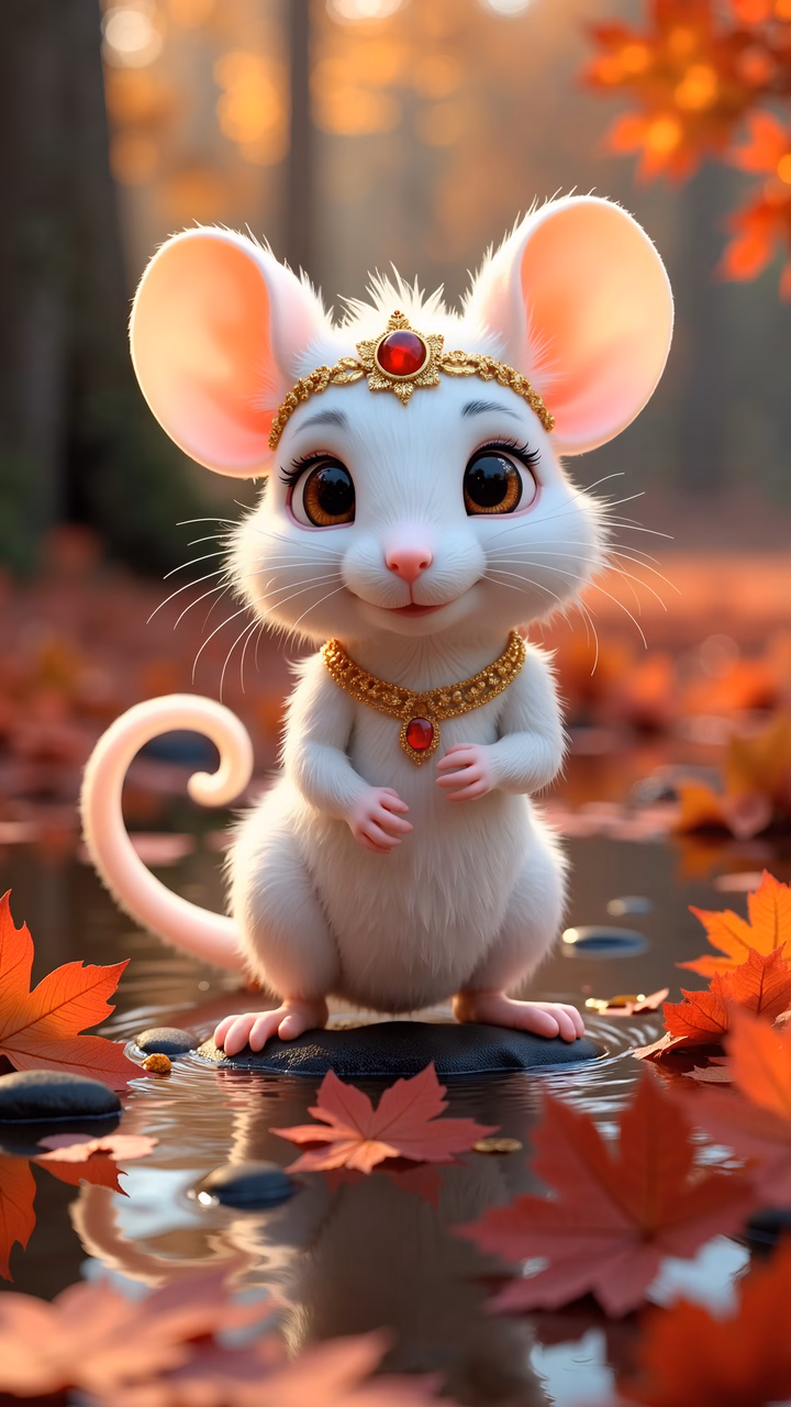 A royal mouse in a magical autumn setting, adorned with gold jewelry and surrounded by vibrant leaves.