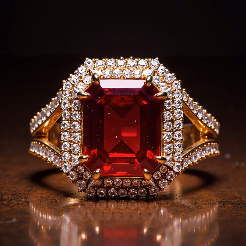 Luxurious emerald-cut ruby ring with sparkling diamond halo.