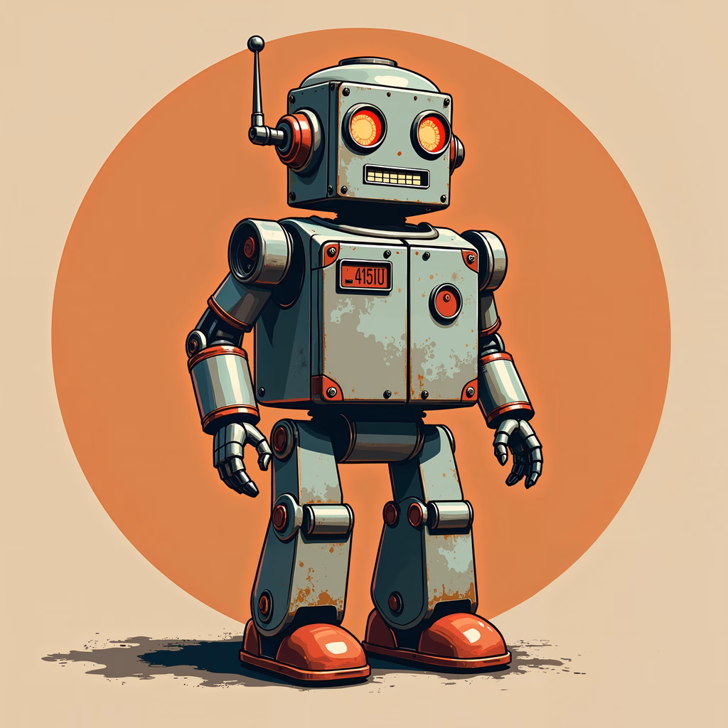 Vintage robot with rusty details and glowing eyes, set against a warm orange background.