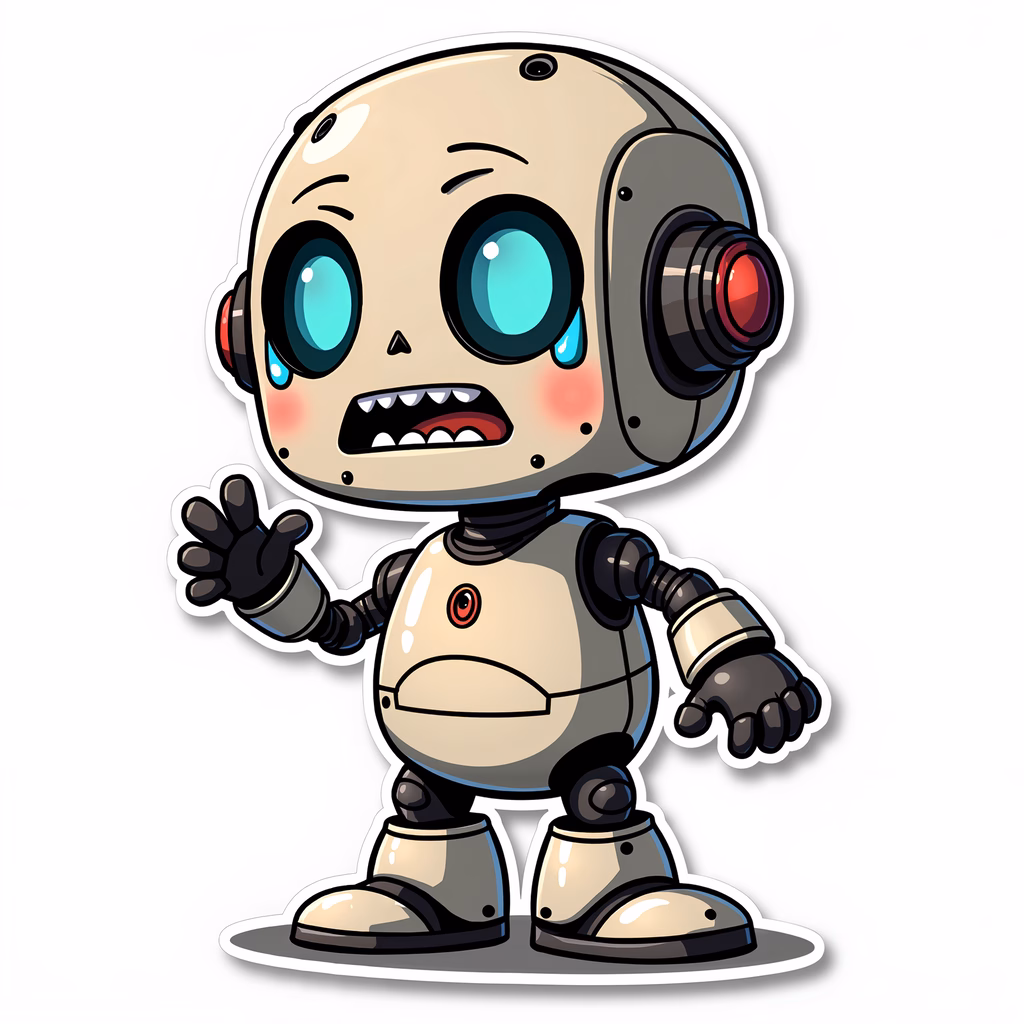 A sad robot with expressive eyes and a melancholic expression, set against a muted color palette.