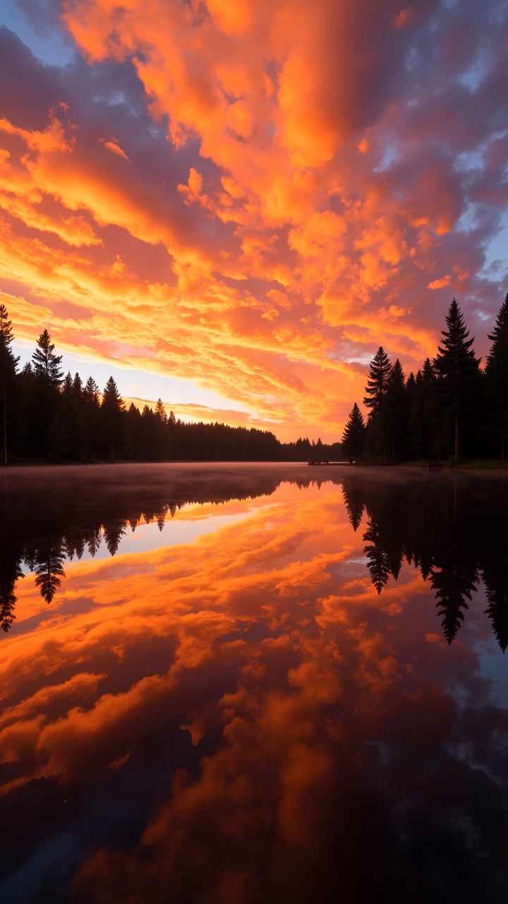 Vibrant sunset reflected in a serene lake surrounded by pine trees.