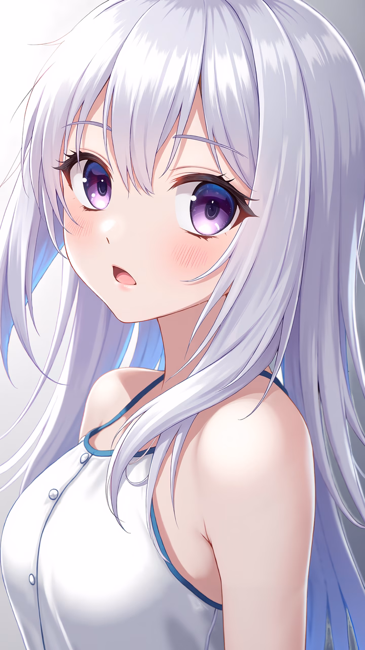 Softly melancholic anime girl with silver hair and purple eyes in a white dress.