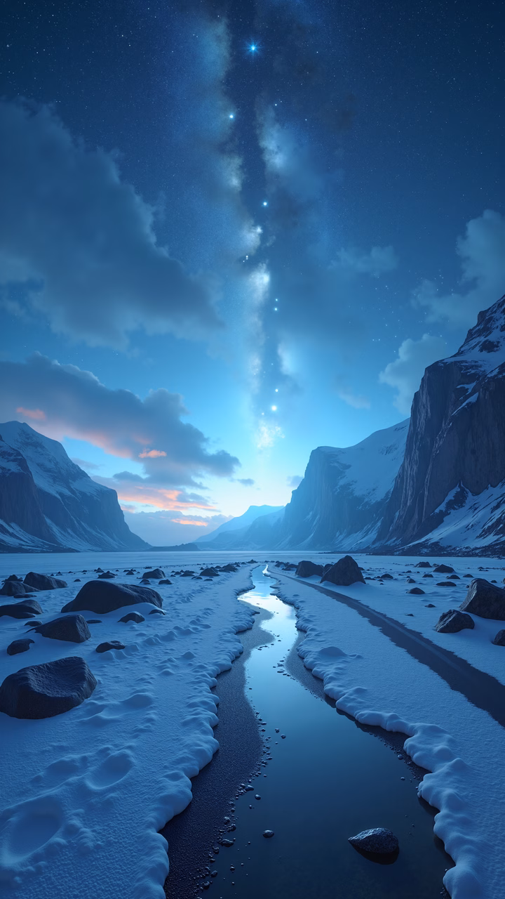 A tranquil, snowy landscape under a starlit sky, featuring a narrow icy river and towering mountains.