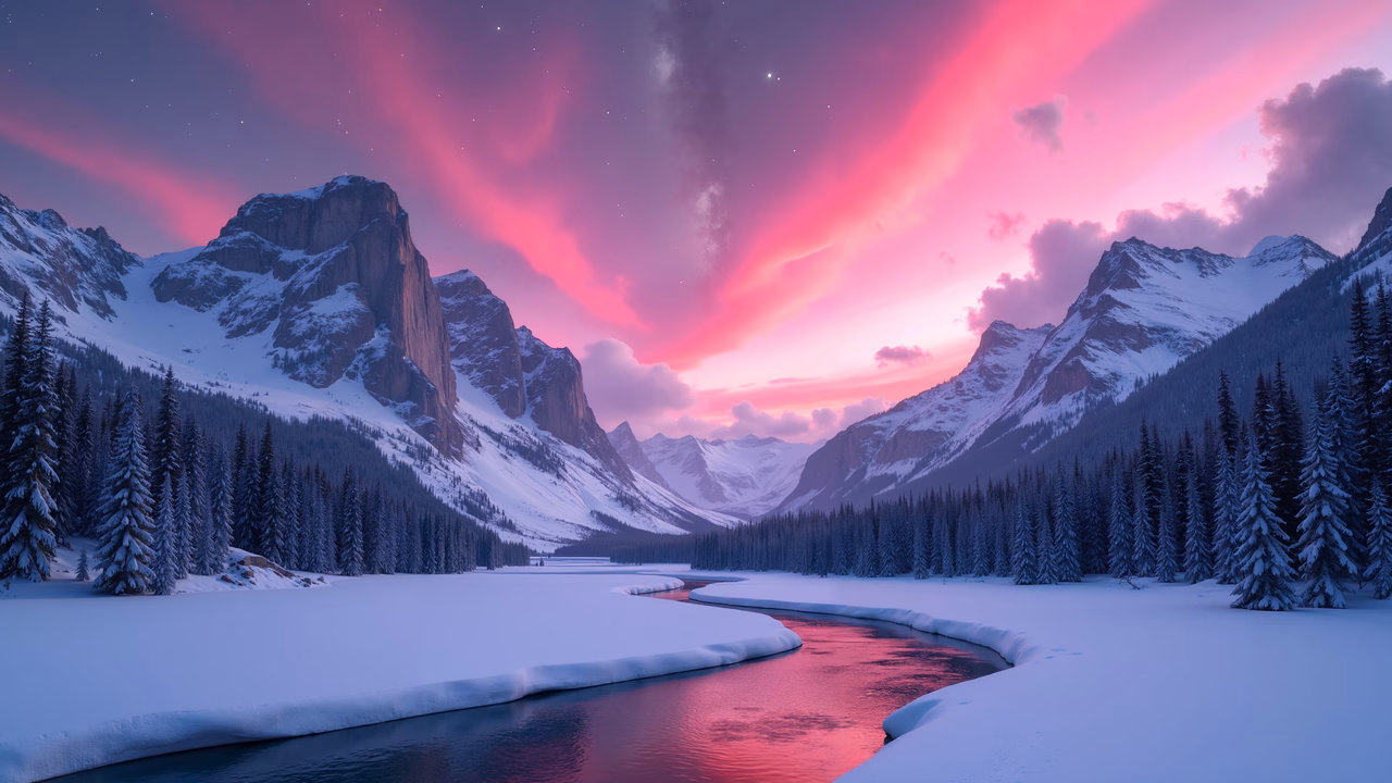 A stunning winter landscape with snowy mountains and a river reflecting the vibrant sunset sky.