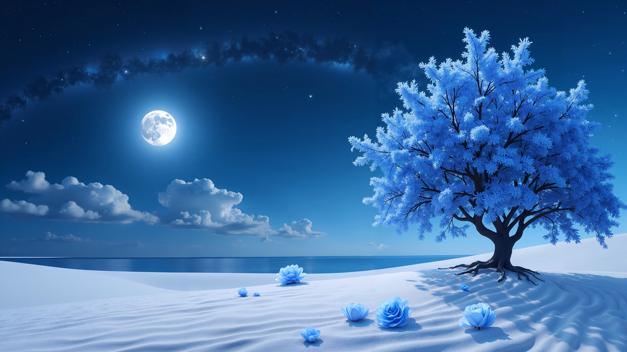 A peaceful snowy night scene with a full moon and delicate blue flowers.