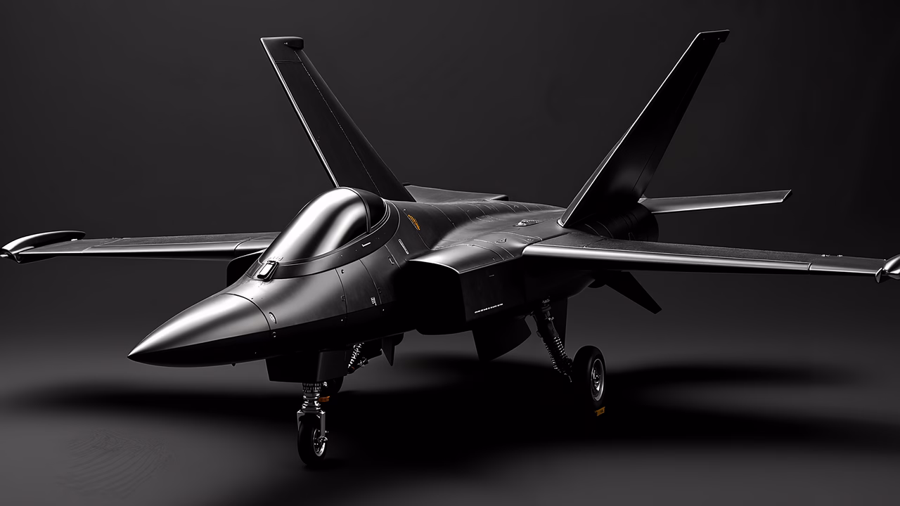 High-tech stealth jet in a monochromatic illustration.