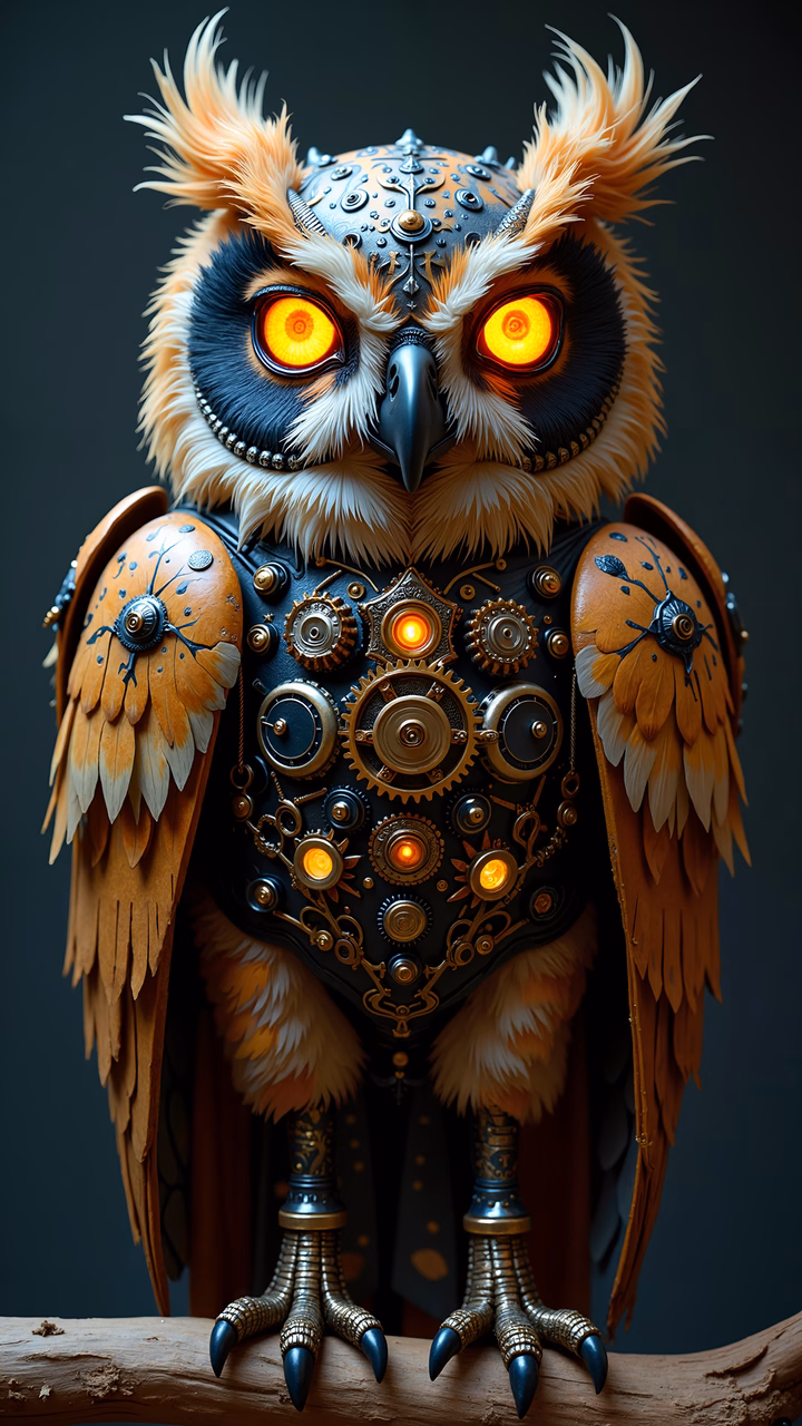 Steampunk owl with glowing机械装备，奇幻风格。