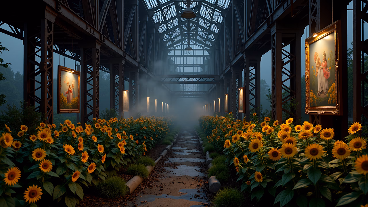A tranquil sunflower garden within an industrial greenhouse, featuring vibrant flowers and framed paintings.